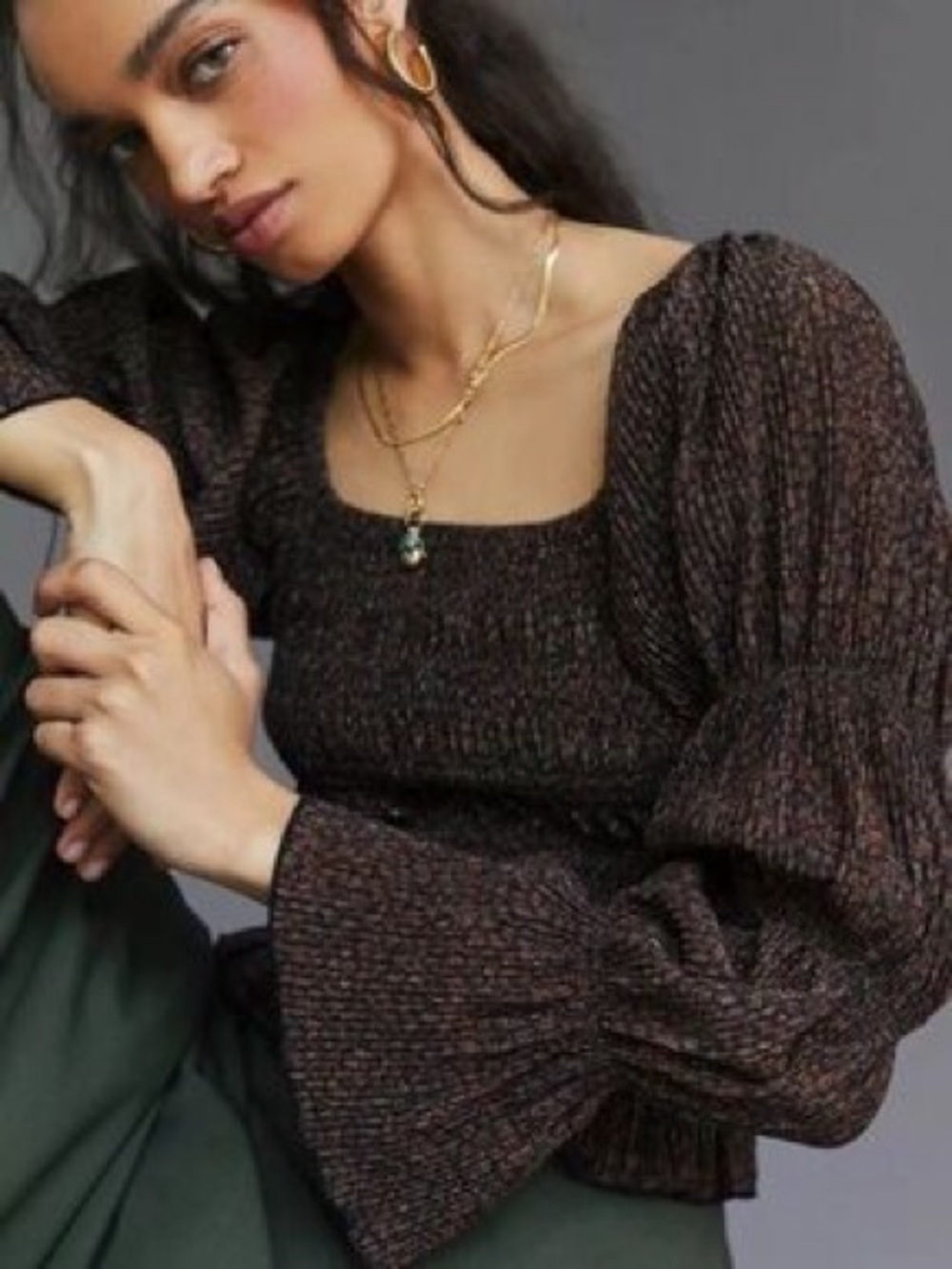Anthropologie Brown Smocked Square-Neck Knit Sweater